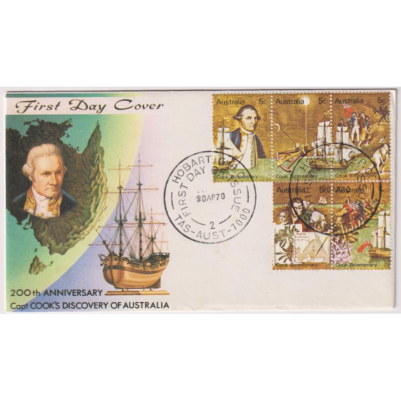 (QQ1225) AUSTRALIA · 1970: unaddressed "Seven Seas" FDC with 5x 5c Cook Bicentenary commemoratives in fine condition · $5 STARTER!!