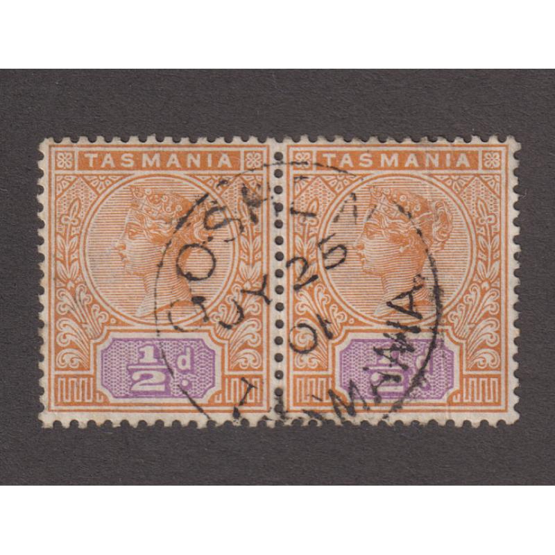 (QQ1231) TASMANIA · 1901: a clear and nearly complete example of the GOSHEN Type 1 cds on a pair of ½d QV Key Plate issue · postmark is rated 3R