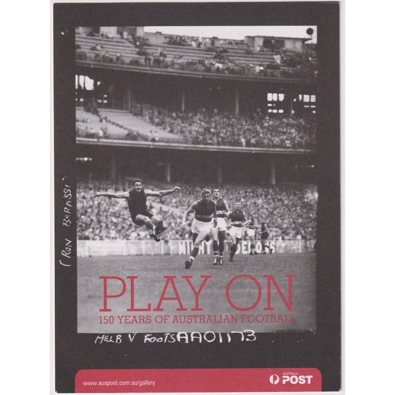 (QQ1232) AUSTRALIA · 2008: used Australia Post "POSTAGE PRE-PAID" postal card advertising an exhibition at the Post Master Gallery Melbourne titled "PLAY ON: 150 YEARS OF AUSTRALIAN FOOTBALL" - see full description (2 images)