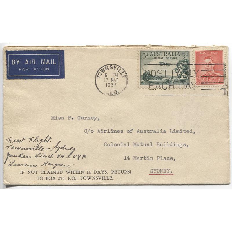 (QQ1236) AUSTRALIA · 1937 (May 17th): cover to Sydney endorsed "First Flight · Townsville/Sydney...", etc. · aircraft crashed at Coff's Harbour · unlisted in AAMC · Nierinck #370518 · interesting rarity