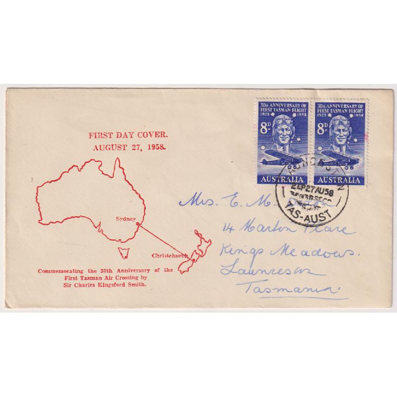 (QQ1243) AUSTRALIA · 1958 (Aug 27th): pair 8d Tasman Flight Anniversary commems on an addressed cacheted FDC produced by Max Easther of Launceston · only a small quantity was produced for various issues during the 1950s/60s era · see full description