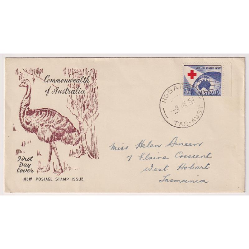 (QQ1245) AUSTRALIA · 1954 (June 9th): "Wide World" generic FDC with "emu" cachet used for the 3½d Red Cross commemorative issue · fine condition