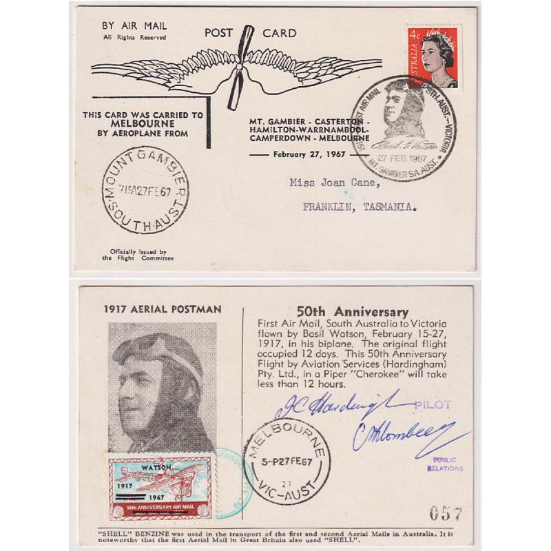 (QQ1249) AUSTRALIA · 1967: souvenir card flown MT GAMBIER / MELBOURNE on the 50th Anniversary of Basil Watson's flight · pilot signed · appropriate postal markings · AAMC #1594 · VF condition