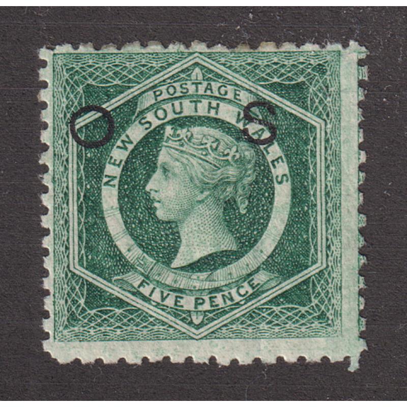 (QQ1251) NEW SOUTH WALES · 1882: mint 5d green QV Diadem (perf.10x11) optd OS SG O29b · gum condition VG / fine appearance from the "money side" · $5 STARTER (2 images)