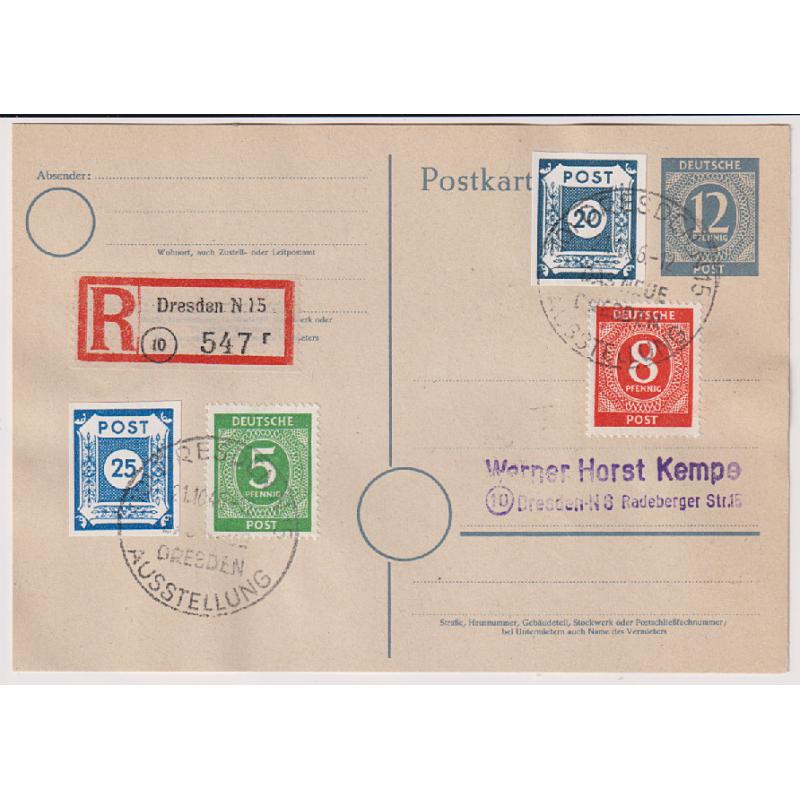 (QQ1253) GERMANY · EAST SAXONY  1946: uprated and registered 12pf Numeral Allied Zone postal card with additional franking including the 20pf value in the scarcer dark grey-blue shade · THE NEW DRESDEN EXHIBITION pmks front and reverse · fine condition