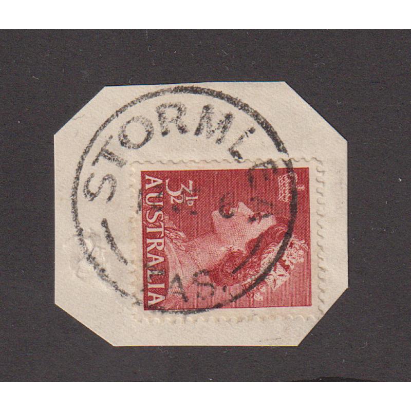 (QQ1254) TASMANIA · 1956: a full clear strike of the STORMLEA Type 4a cds on piece · postmark is rated 2R
