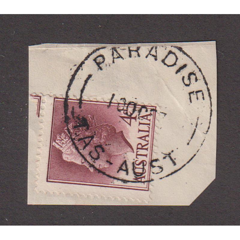 (QQ1255) TASMANIA · 1957: a very clear and nearly full impression of the PARADISE Type 5 cds on piece · postmark is rated 2R
