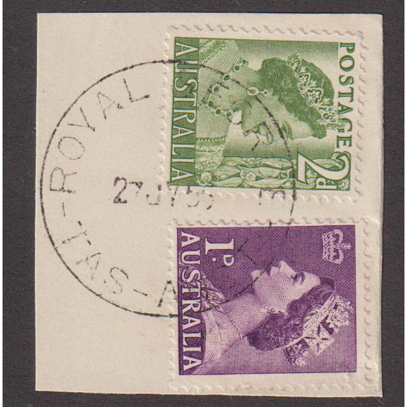 (QQ1260) TASMANIA · 1955: a light but clear and complete example of the ROYAL GEORGE Type 5 cds on piece · postmark is rated R