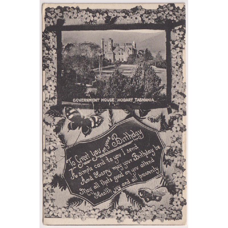 (QQ1261) TASMANIA ·  c.1910: unused BIRTHDAY GREETING card by McVilly & Little with view of GOVERNMENT HOUSE HOBART inserted into an ornamental frame · excellent to fine condition