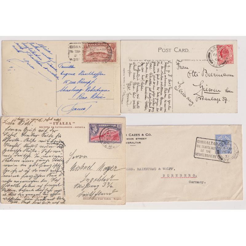 (QQ1267) GIBRALTAR · 1909/51: 3 postcards and a cover mailed to Germany or France bearing a range of single contemporary frankings · excellent to fine condition throughout (4)