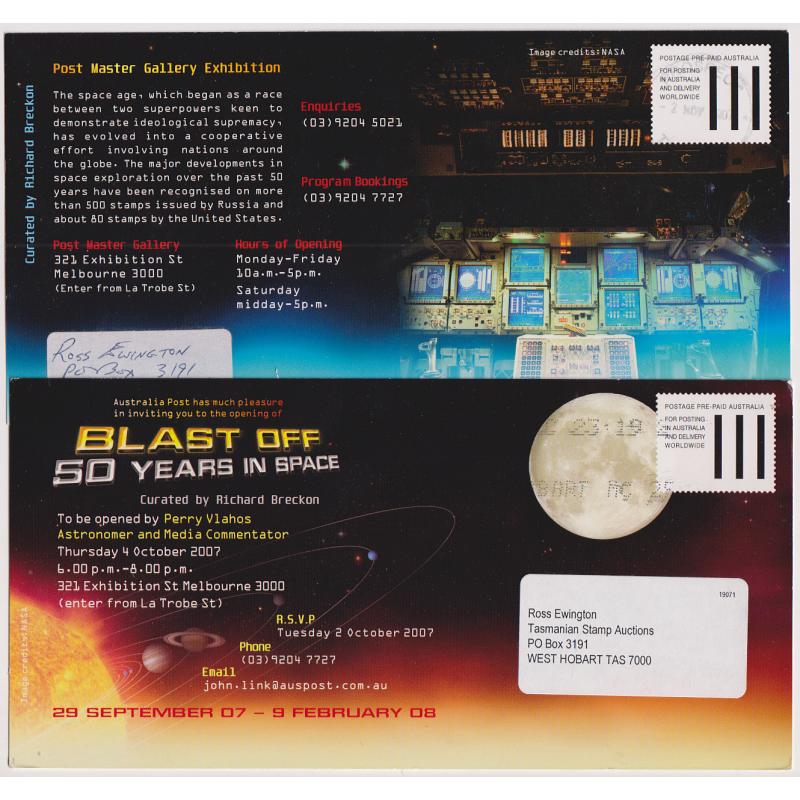 (QQ1273L) AUSTRALIA · 2007/08: 2 different Australia Post POSTAGE PRE-PAID flyers advertising the BLAST OFF - 50 YEARS IN SPACE exhibition held at the Post Master Gallery, Melbourne (2 images)