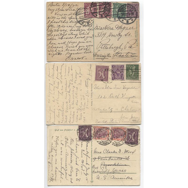 (QQ1304) GERMANY · 1922/23: six postcards mailed to the UNITED STATES with contemporary franking making up an all different selection of rates · excellent to fine condition (2 images)