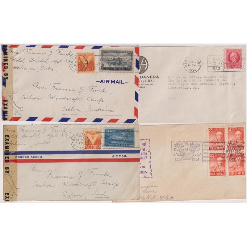(QQ1306) CUBA  1938/52: 3x covers to USA (2 censored/airmail) and cacheted FDC · excellent condition throughout (4)  $5 STARTER!!