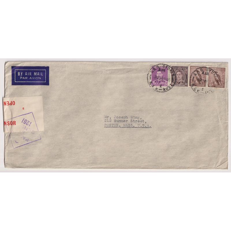 (QQ1457L) AUSTRALIA · 1945(May 24th): legal size censored commercial air mail cover mailed Sydney to the USA · excellent clean condition · flap has not been sealed to prevent inspection · 1/5d rate paid
