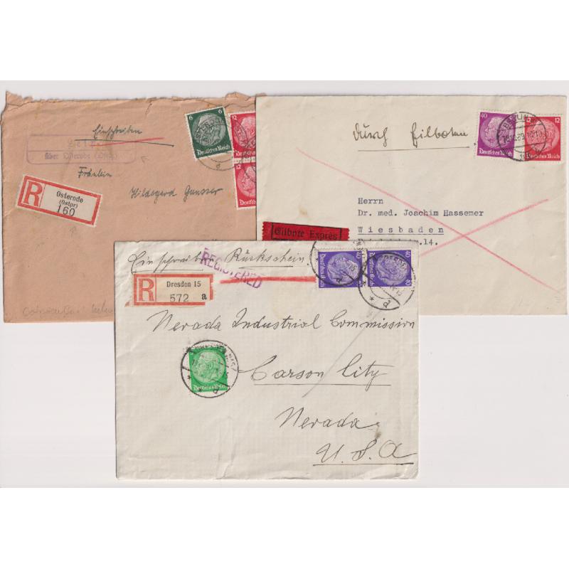 (QQ1484) GERMANY · 1933/40: two registered and an express post cover bearing various Hindenburg definitive frankings making up the applicable rates including to the United States - condition as per largest image (3)