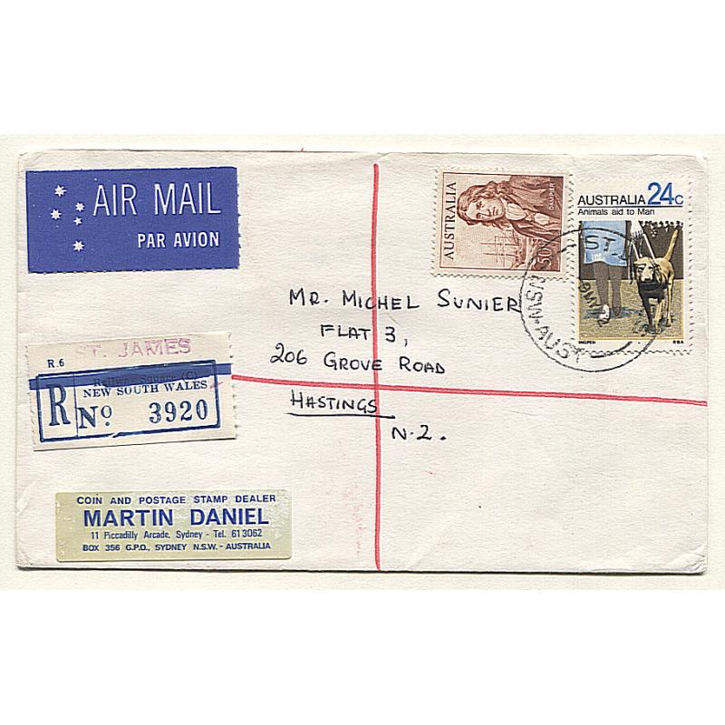 (QQ15004) AUSTRALIA · 1972: small registered commercial cover with 24c Guide Dog + 50c Navigator franking · note Railway Square label re-purposed for use at St. James · fine condition