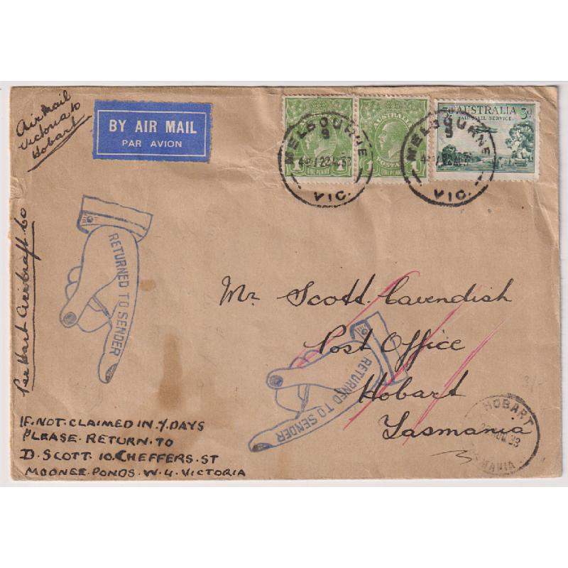 (QQ15008) AUSTRALIA · 1933 (Aug 22): cover carried on first flight by Hart Aviation from Melbourne to Launceston via FLINDERS ISLAND AAMC #319 then onforwarded to Hobart and returned to sender · see full description