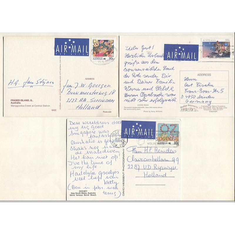 (QQ15013) AUSTRALIA · 1989/91: 3 postcards forwarded by air mail to the Netherlands or Germany with contemporary single frankings paying the applicable rate · all items in fine condition (3)