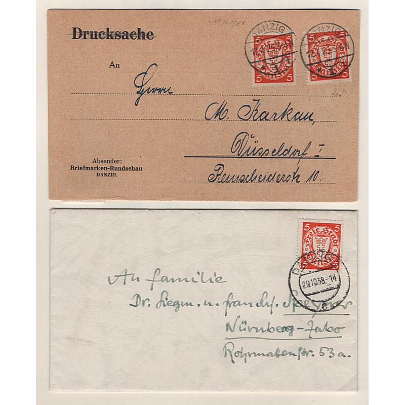(QQ15020) DANZIG · 1925/38: commercial card (invoice) and cover containing Silver Wedding greetings card both bearing 5pf Arms issue · both items in fine condition (2)