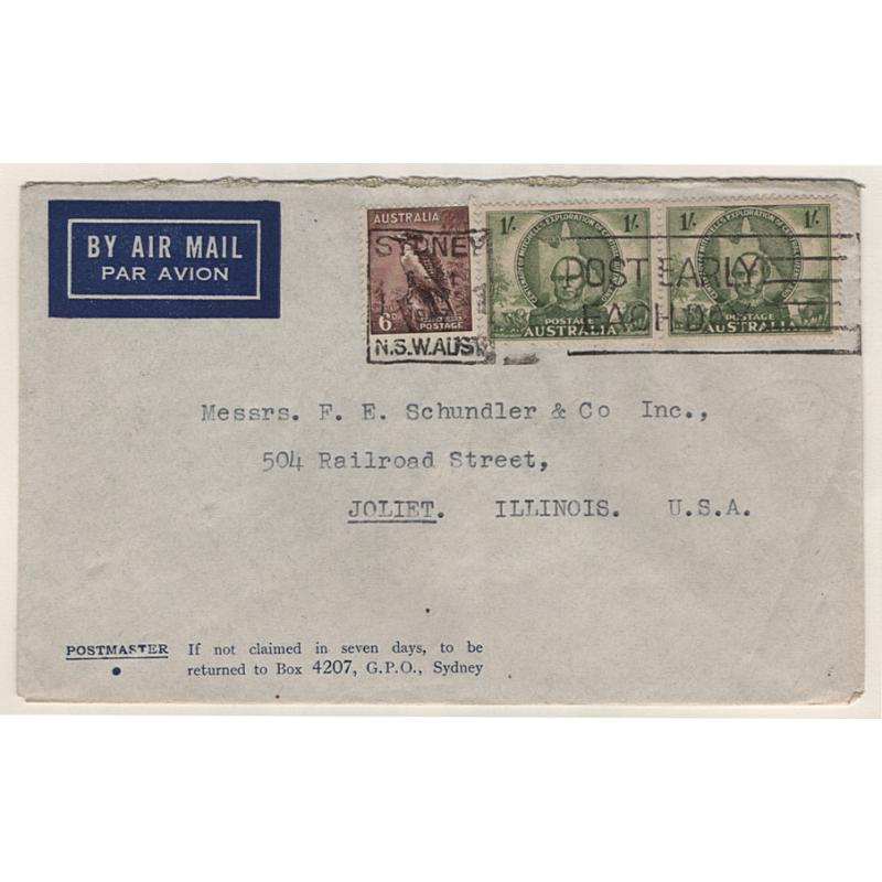 (QQ15021) AUSTRALIA · 1947: small commercial air mail cover to USA with 2/6d rate made up with 6d Kooka and 2x 1/- Mitchell commem · fine condition