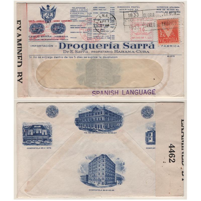 (QQ15024) CUBA · 1933: censored advertising cover with 10c meter impression and a ½c Victory issue bearing SA RRA private perfin used by Droguería Sarrá · fine condition $5 STARTER!!