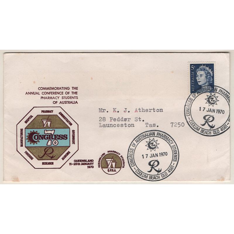 (QQ15025) AUSTRALIA · 1970: souvenir envelope and pictorial postmark "Commemorating the Annual Conference of the Pharmacy Students of Australia · a couple of light peripheral spots which could be easily removed · scarce · $5 STARTER!!