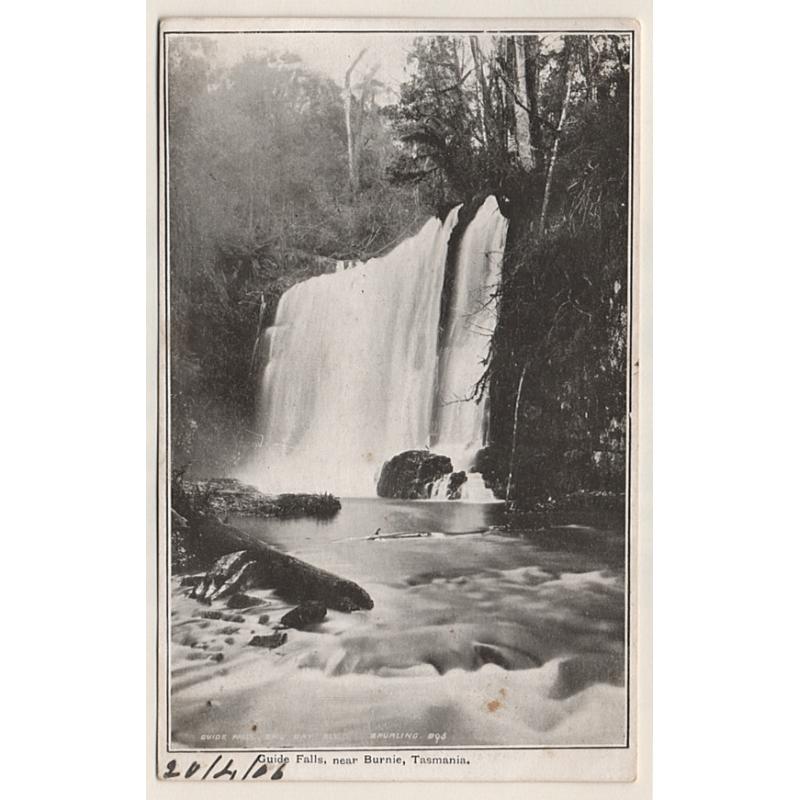 (QQ15028) TASMANIA · 1908: postally used card from Spurling & Son "North West Coast Series" (with divided back) featuring a view of GUIDE FALLS NEAR BURNIE · excellent condition .....see largest image