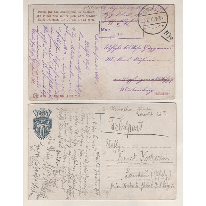 (QQ15037) GERMANY · 1917/18: two colour postcards mailed using the Feldpost · both items are in excellent to fine condition (2)