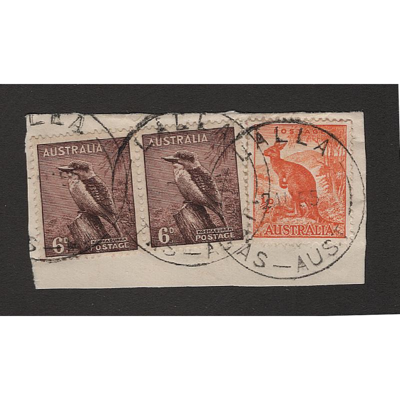 (QQ15048) TASMANIA · 1955: two clear overlapping strikes of the LALLA Type 5 cds on an envelope clipping · postmark is rated R