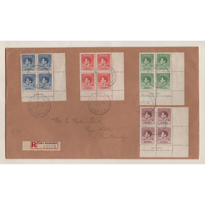 (QQ15052L) PAPUA · 1937 (May 14th): registered "plain envelope" FDC bearing the complete KGVI Coronation commem in imprint blocks of 4 · unusual to see these stamps in such fine condition "on cover"