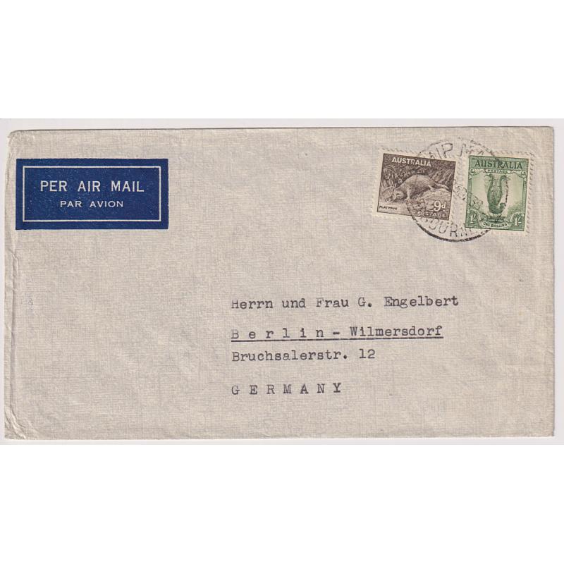 (QQ1519) AUSTRALIA · 1939: commercial cover to Germany · 1/9d definitive franking paid air mail rate to London and then for onforwarding by surface mail to Germany · condition as per largest image