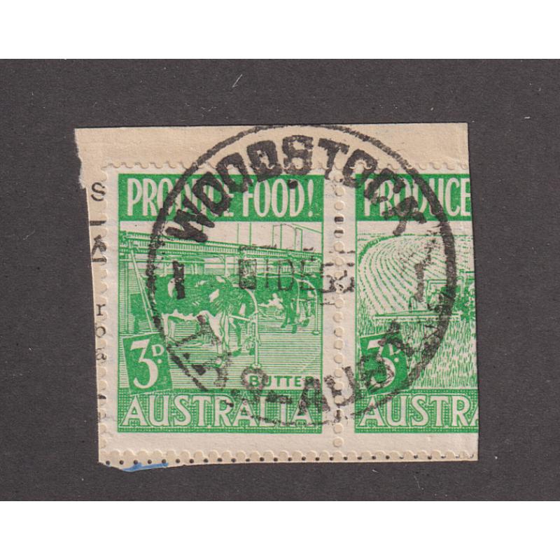(QQ1688) TASMANIA · 1955: a full strike of the WOODSTOCK Type 5 cds on piece · usual wear noted · postmark is rated 2R