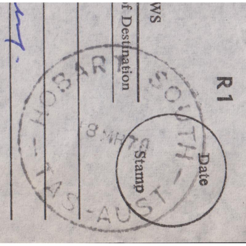 (QQ1699) TASMANIA · 1970: a full clear strike of the HOBART SOUTH Type 5(s) cds on a Registered Post receipt · postmark is rated 4R