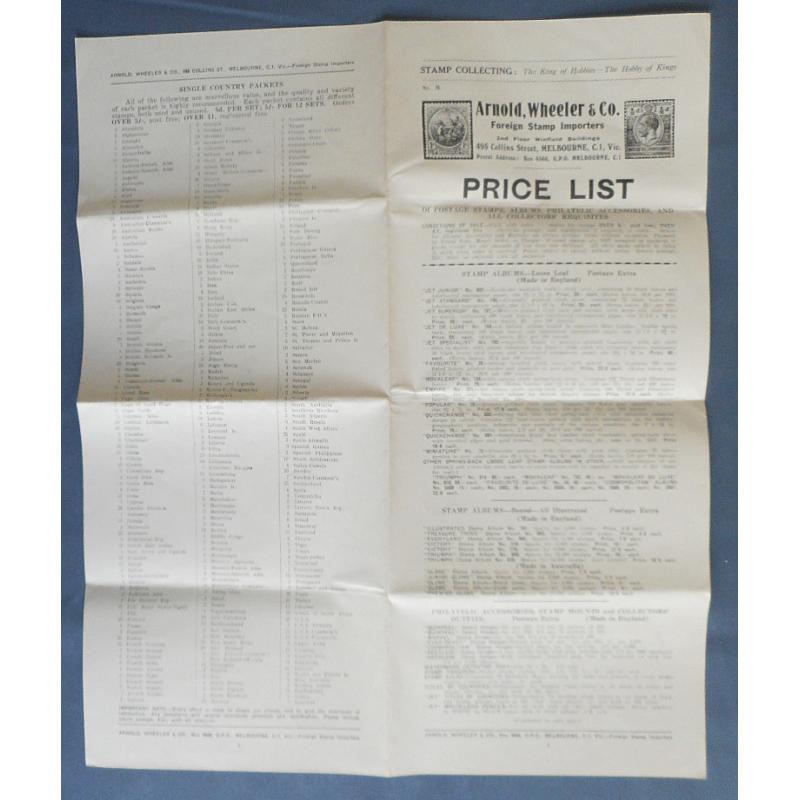 (QQ1727) AUSTRALIA · 1930s: ARNOLD WHEELER & CO. folded price lists No.15 · see both largest images · $5 STARTER!!