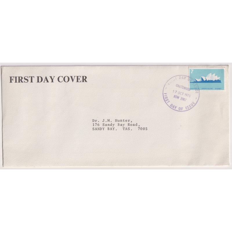 (QQ1732L) AUSTRALIA · 1973 (Oct 17th): generic pharmaceutical company FDC with single 7c Sydney Opera House franking tied by appropriate f.d.i. cancel · nice condition $5 STARTER!!