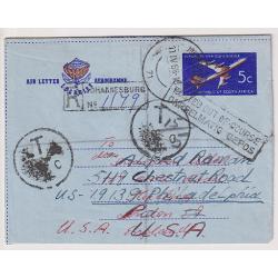 (QQ1754) SOUTH AFRICA · 1968: registered 5c air letter mailed to G.B. where re-directed to the USA · taxed and stamped POSTED OUT OF COURSE · nice condition · unusual (2 images)