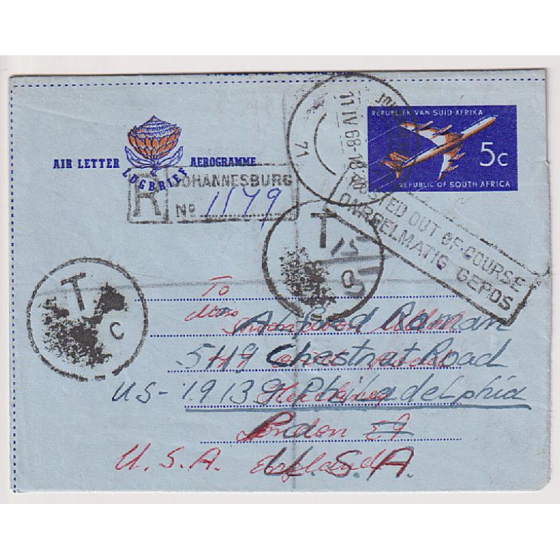 (QQ1754) SOUTH AFRICA · 1968: registered 5c air letter mailed to G.B. where re-directed to the USA · taxed and stamped POSTED OUT OF COURSE · nice condition · unusual (2 images)