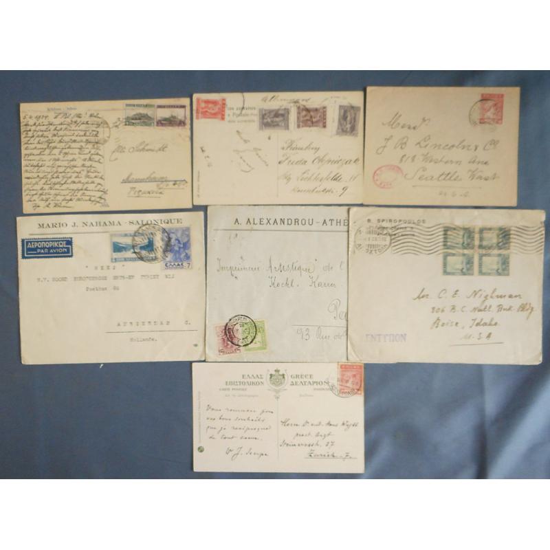 (QQ1793) GREECE · interesting assembly of 3x postcards and 10x commercial covers · includes earlier items, currency control items, air mail, etc. · excellent condition throughout (13 items · 2 images)
