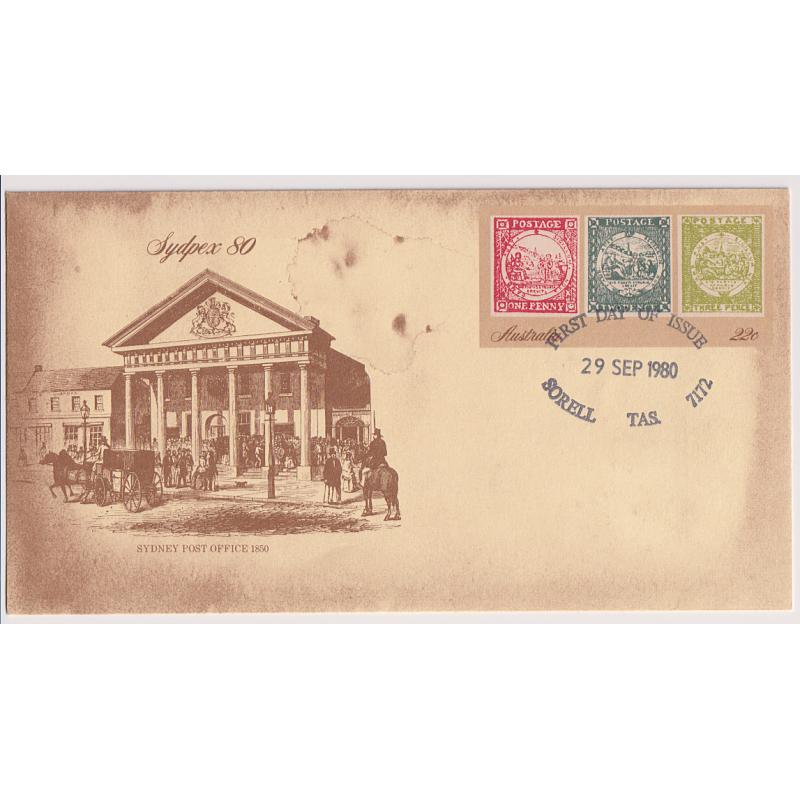(QQ1831) TASMANIA · 1980: 22c Sydpex PSE postmarked at Sorell on the f.d.i. · full clear impression of the oval ('football') datestamp which is rated 3R · VF condition