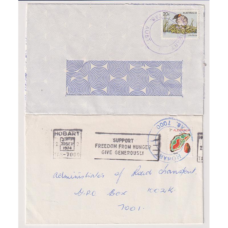 (QQ1834) TASMANIA · 1970s: commercial covers with clear strikes of the HOBART TAS. AUST. and HOBART TAS. 7000 h/stamps used at the HOBART MAIL EXCHANGE · see description · the TAS. AUST. type is rarely seen on cover (2)