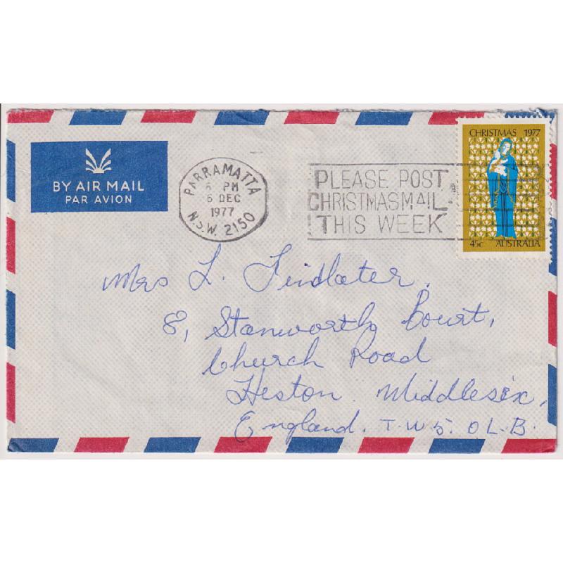 (QQ1842) AUSTRALIA · 1977: small air mail cover to G.B. with single 45c Xmas franking · surprisingly scarce in my experience · $5 STARTER!!