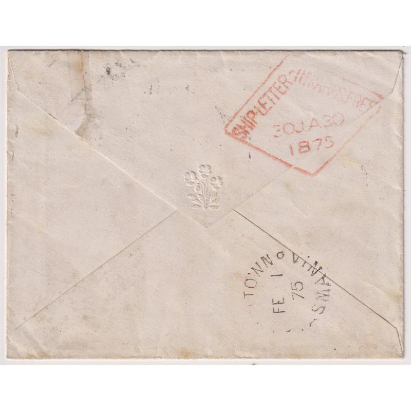 (QQ1848) TASMANIA · VICTORIA  1875: small cover mailed to New Town (Hobart) from Melbourne · re-directed on arrival from AUGUSTA ROAD with Postmaster's endorsement and "Aug Rd" (also in mss) · NEW TOWN Type U2 b/s rated 3R