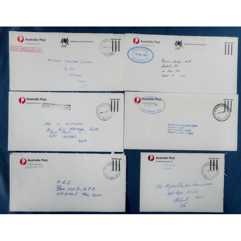 (QQ1856) TASMANIA · 1987/88: six Australia Post Official Mail envelopes mailed from different offices · includes 2 with Postal Manager datestamps and 4 with post office ID h/stamps · 5 have full clear cds postmarks (6)