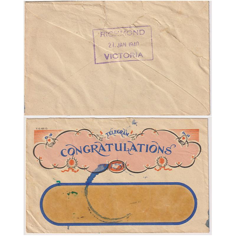 (QQ1954) VICTORIA · 1940: full clear example of then RICHMOND VICTORIA rubber datestamp on the back of a repaired illustrated "Congratulations" telegram envelope - see both largest images