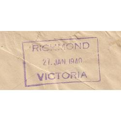 (QQ1954) VICTORIA · 1940: full clear example of then RICHMOND VICTORIA rubber datestamp on the back of a repaired illustrated "Congratulations" telegram envelope - see both largest images