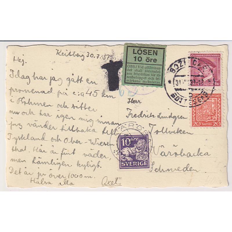 (QQ1981) CZECHOSLOVAKIA · 1937: real photo PPC mailed underpaid to Sweden · taxed on arrival (Postage Due label) with the deficient postage paid by the addressee using a 10ore definitive · fine condition