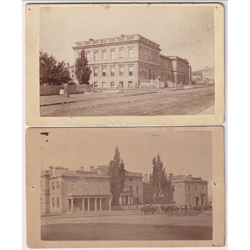 (QQ1988)  TASMANIA · c.1870: two "carte de visite" size photographs with views of the TASMANIAN GOVERNMENT BUILDINGS taken from Macquarie Street and Macquarie/Murray Streets intersection · see full description (2)