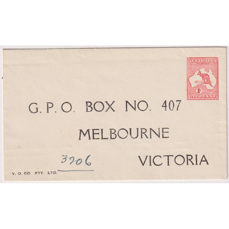 (RA1006) AUSTRALIA · 1914: stamped-to-order Vacuum Oil Company envelope with Die II 1d carmine Roo indicium BW ES4 · see full description · very displayable! · c.v. AU$100