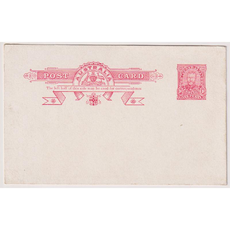 (RA1008) AUSTRALIA · 1911: unused 1d rose FF KGV postal card printed on white surfaced stock with "LH side to be used for correspondence" BW P23 · small mark on back o/wise in excellent to fine condition · c.v. AU$60