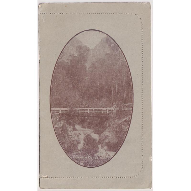 (RA1009) AUSTRALIA · 1915: unused 1d sepia KGV pictorial lettercard perf.12½ w/view BUFFALO GORGE, VIC BW LC18(19) · partially stuck together with some minor imperfections however quite displayable · c.v. AU$150 (2 images)